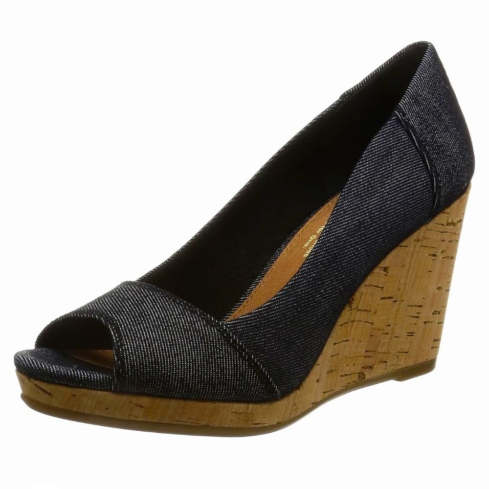 Toms Women's Black Denim Stella Peep-Toe Wedge